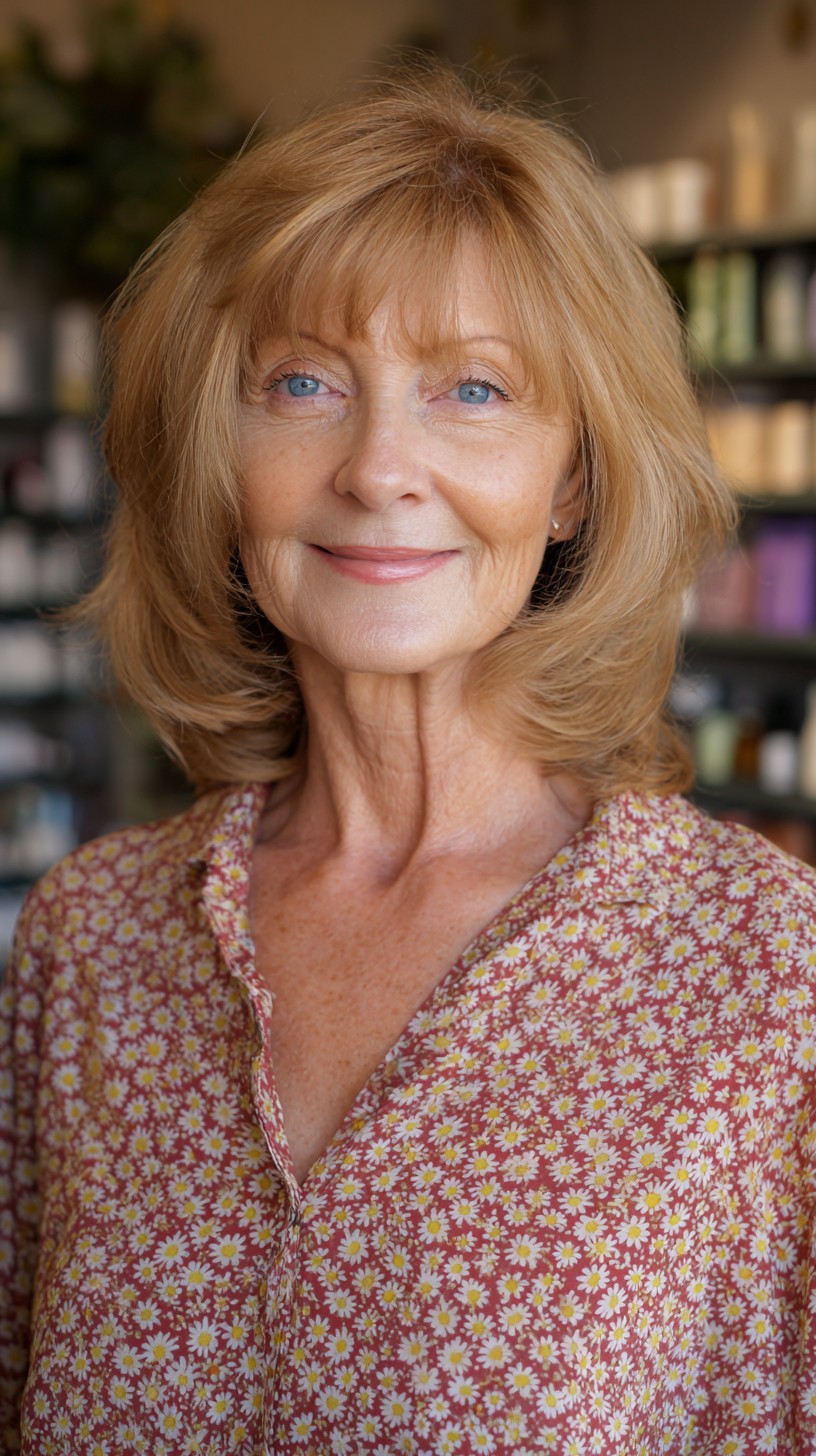 Rounded Shoulder-Length Lob with Interior Bevel and Wispy Fringe