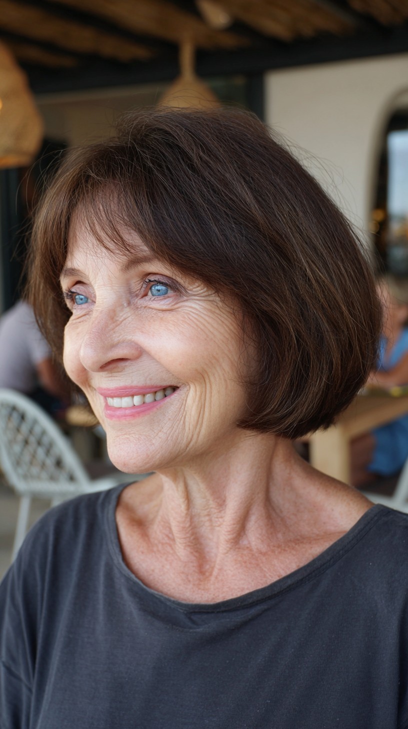 Rounded Warm Brown Jaw-Length Bob with Sheer Micro Curtain
