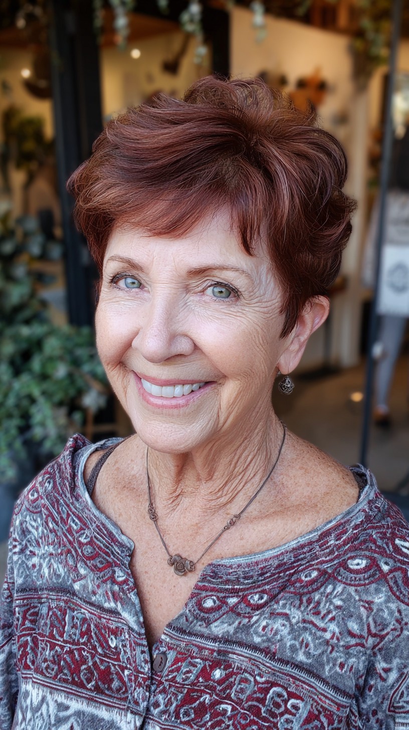 Short Auburn Pixie Shag with Lifted Crown and Soft Micro-Fringe
