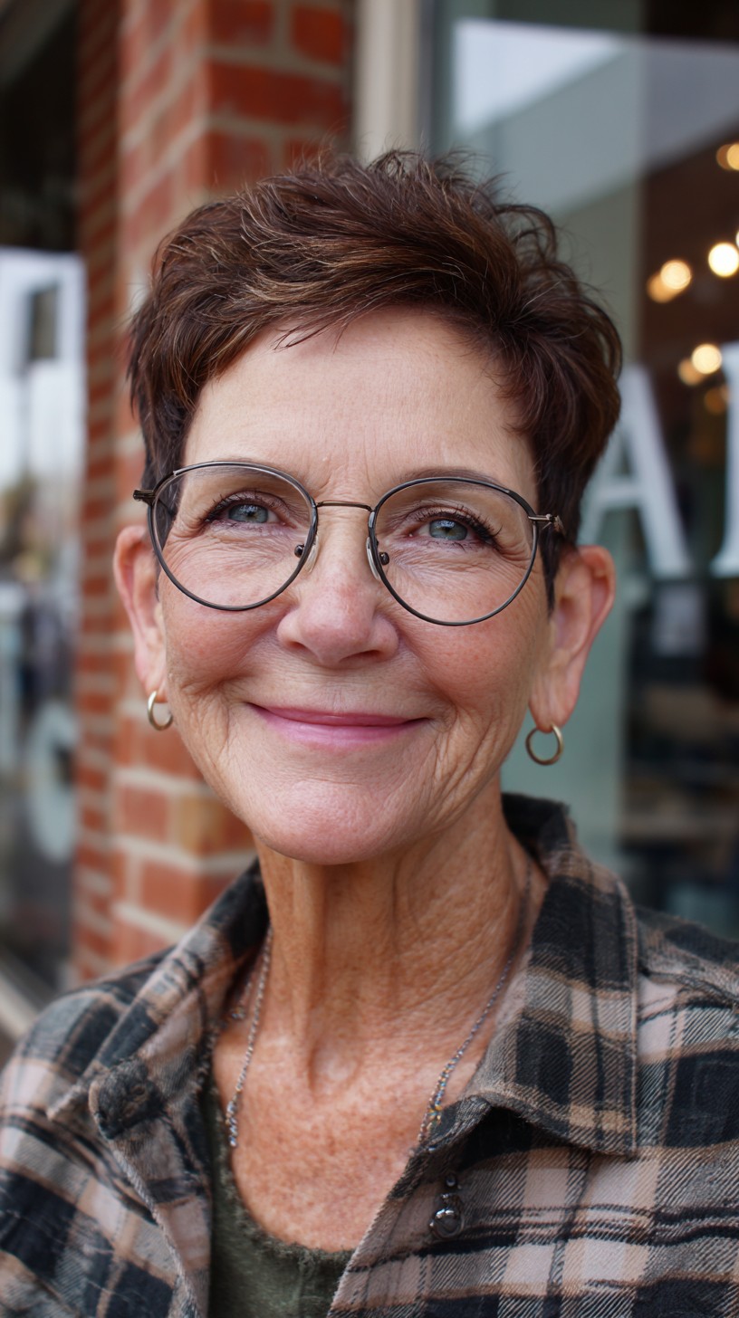 Short Chestnut Pixie with Feathered Texture and Subtle Gray Blending