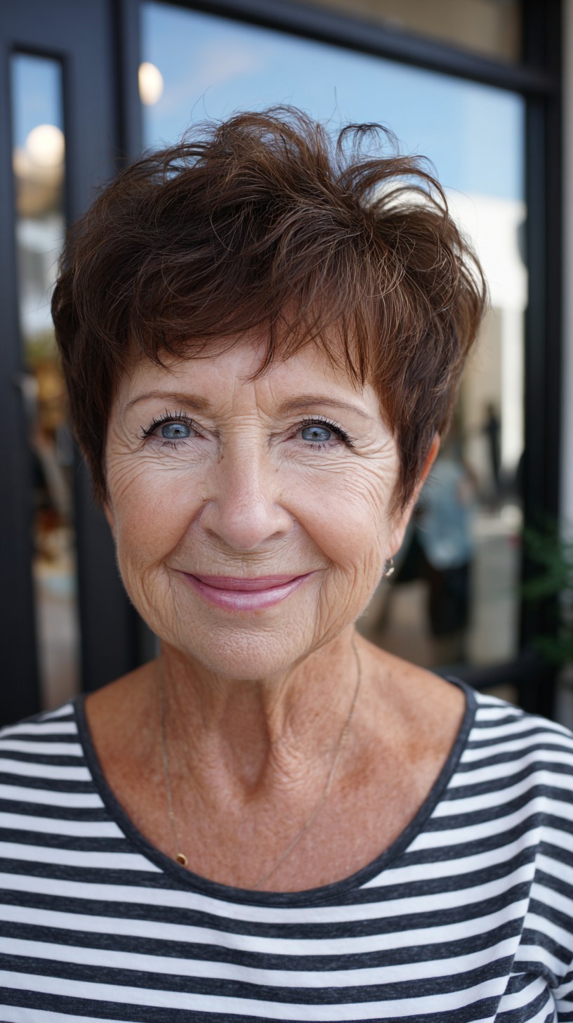 Short Chestnut Pixie Shag with Lifted Crown and Wispy Fringe