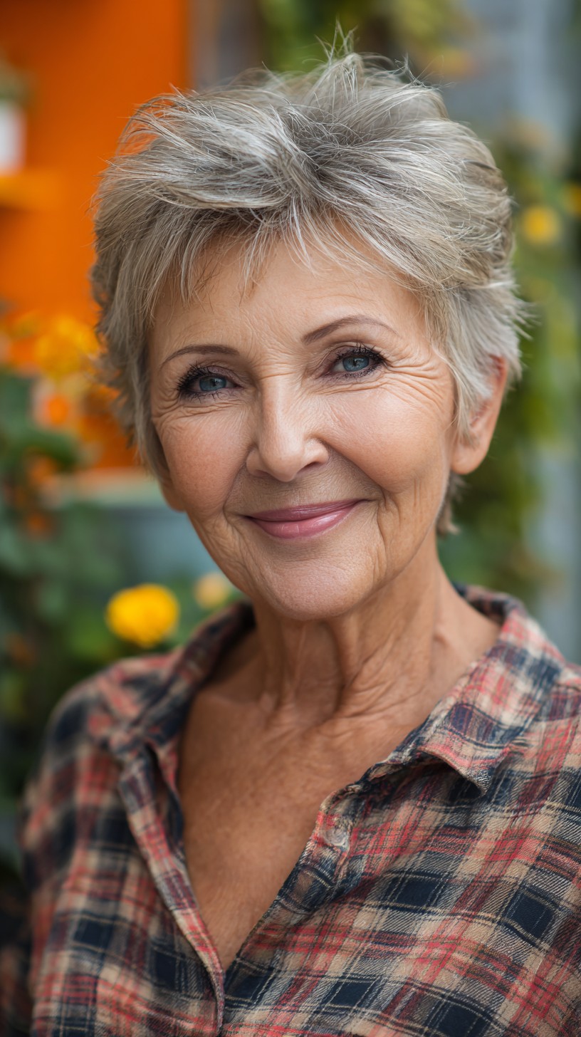 Short Silver Layered Pixie with Piecey Fringe and Crown Volume