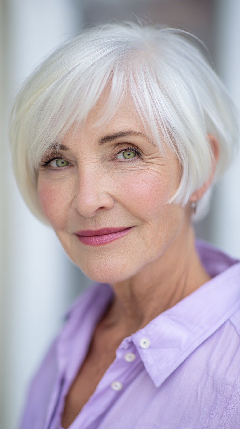 Short Silver Rounded Pixie with Wispy Side-Swept Micro-Bang