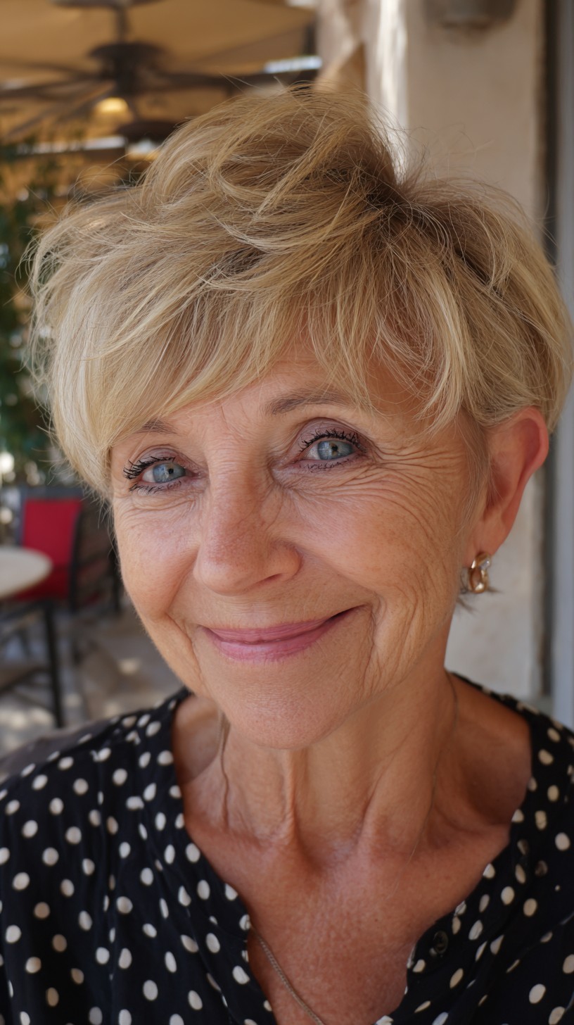 Short Textured Blonde Pixie Shag with Feathered Side Fringe