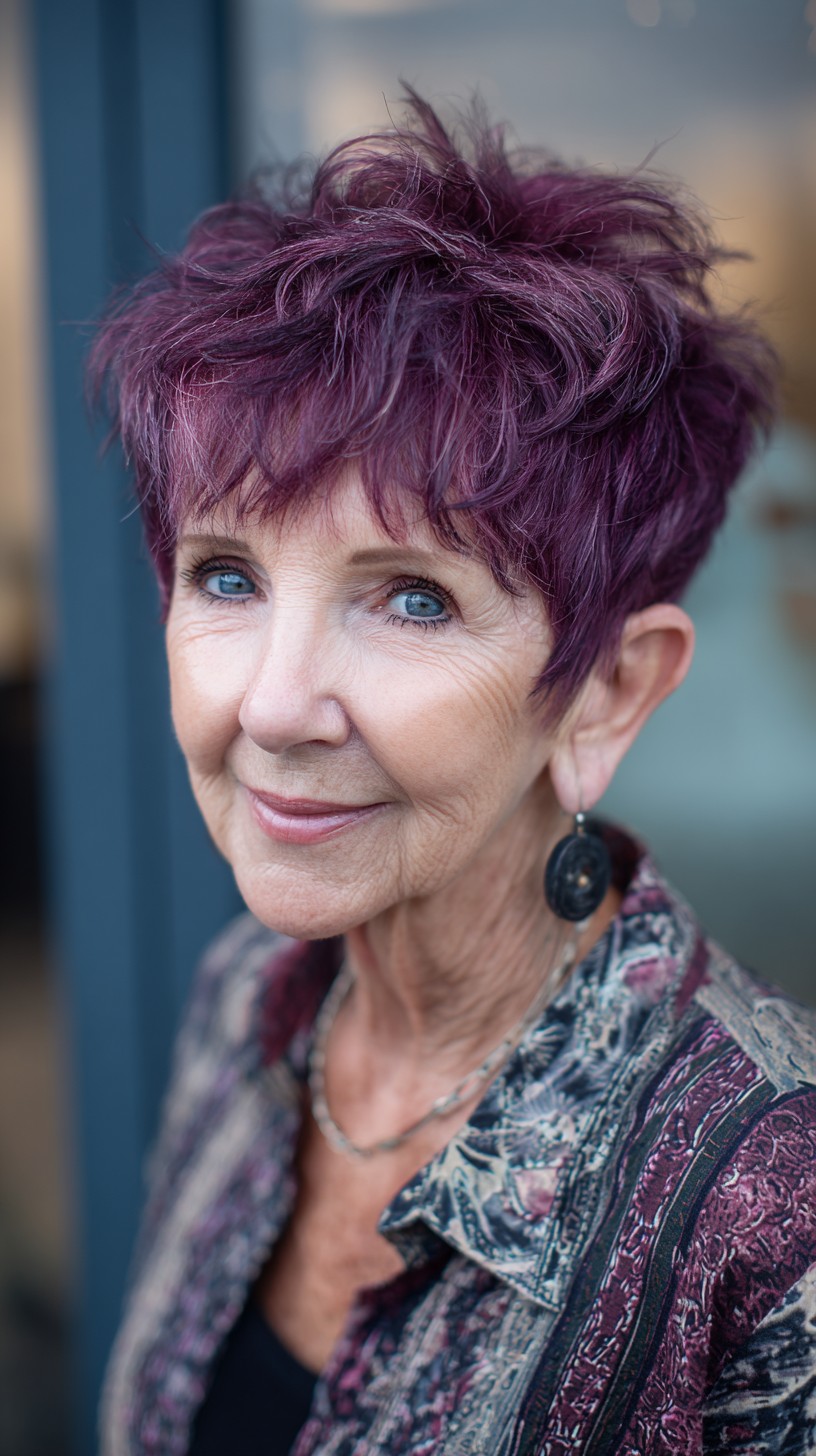 Short Violet-Purple Pixie Shag with Feathered Crown and Tapered Nape