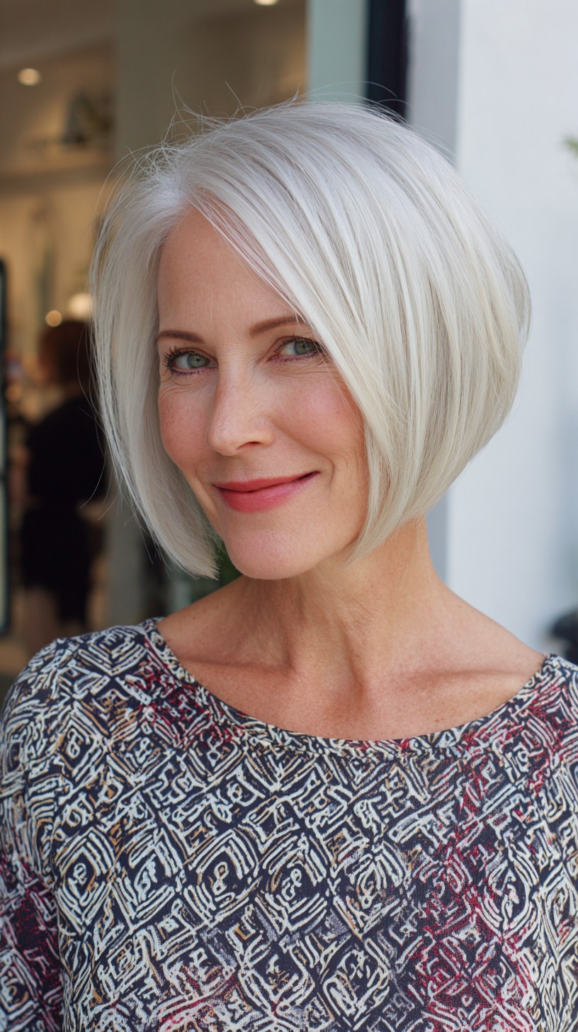 Silver Angled Chin-Length Bob with Soft Interior Stack