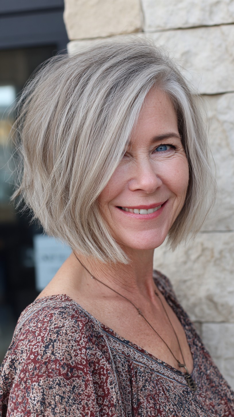 Silver Textured Angled Bob with Soft Front Sweep