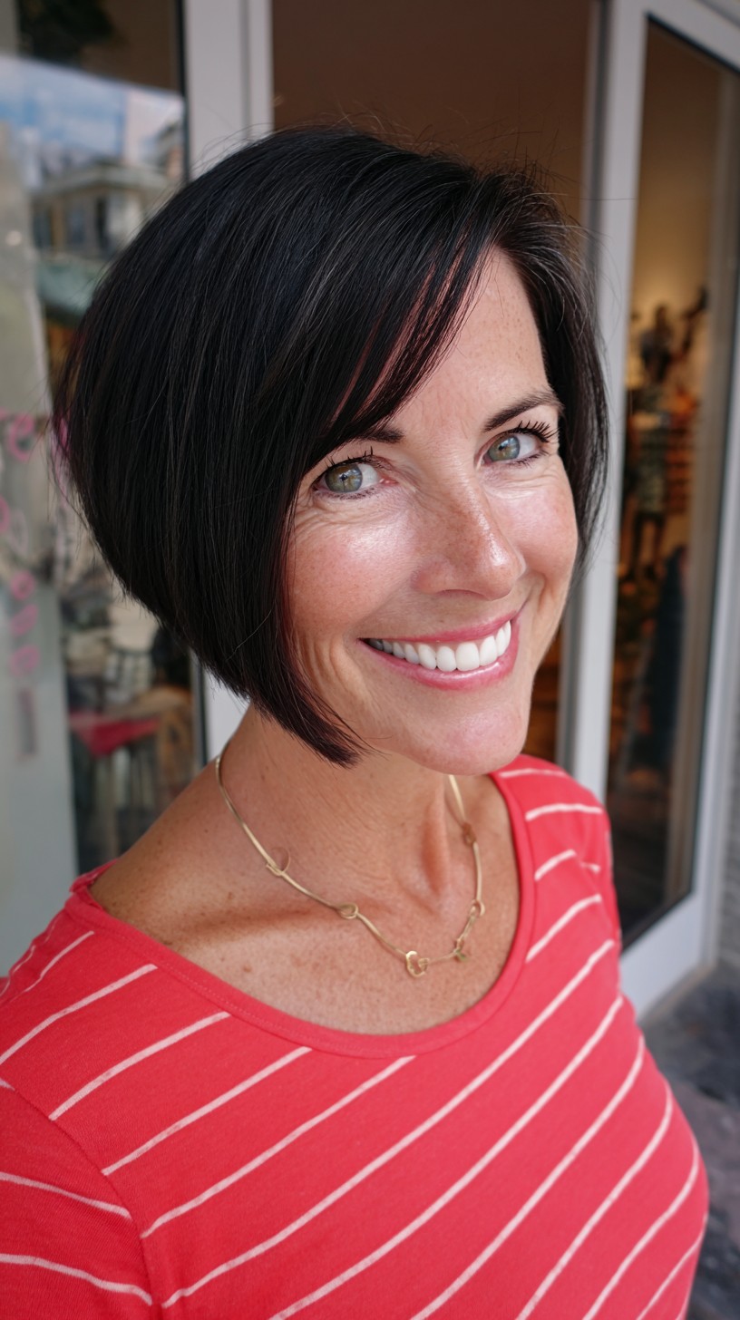 Sleek Chin-Length Angled Bob with Diagonal Face-Framing Slice
