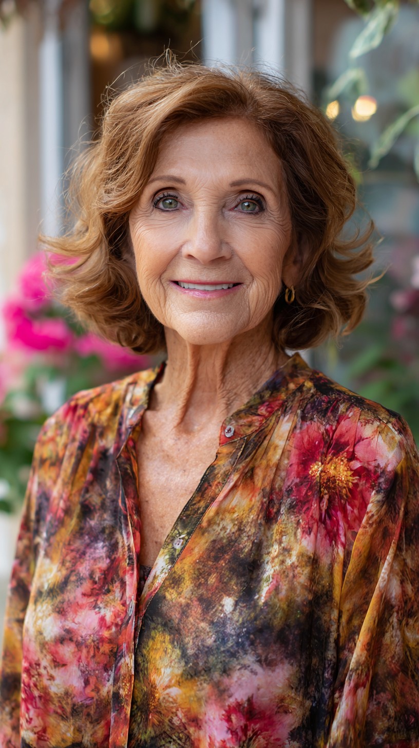 Soft Feathered Neck-Length Lob with Warm Caramel Lowlights