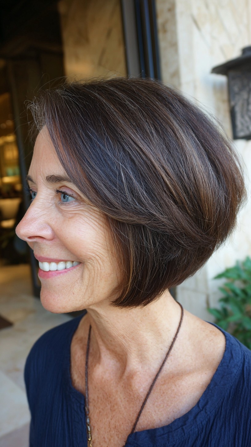 Soft Forward-Weighted Angled Bob with Natural Gray Blending