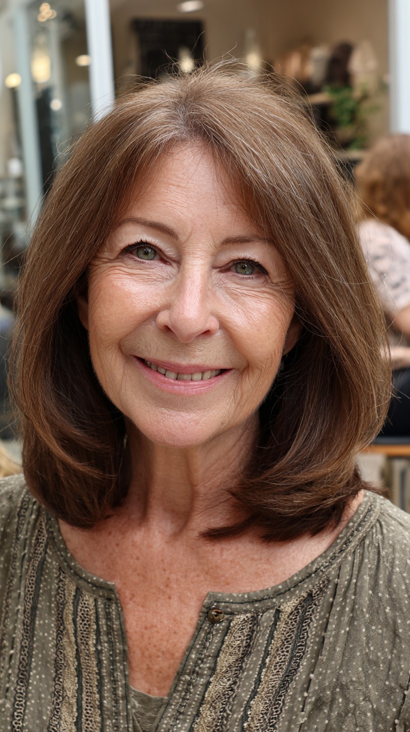 Soft Rounded Shoulder-Length Lob with Salt-and-Pepper Root Frosting