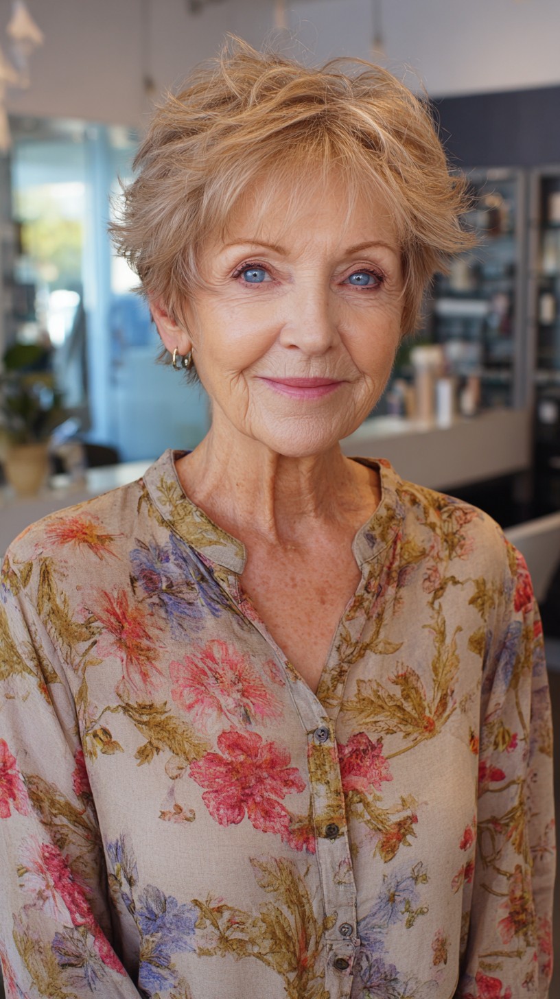 Soft Wispy Champagne-Blonde Pixie with Lifted Crown