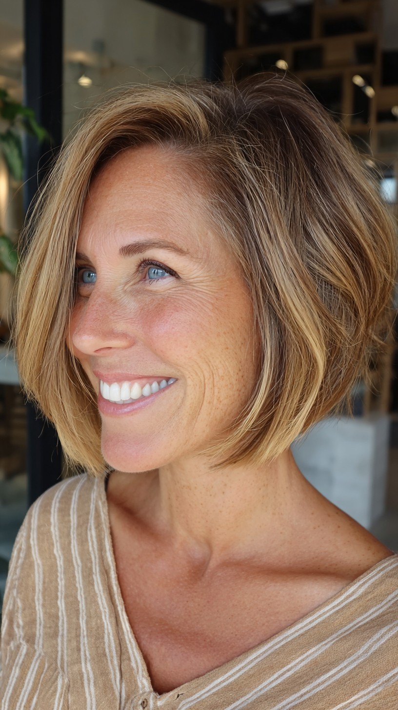 Textured Angled Chin-Length Bob with Root-Melt and Face-Framing Highlights