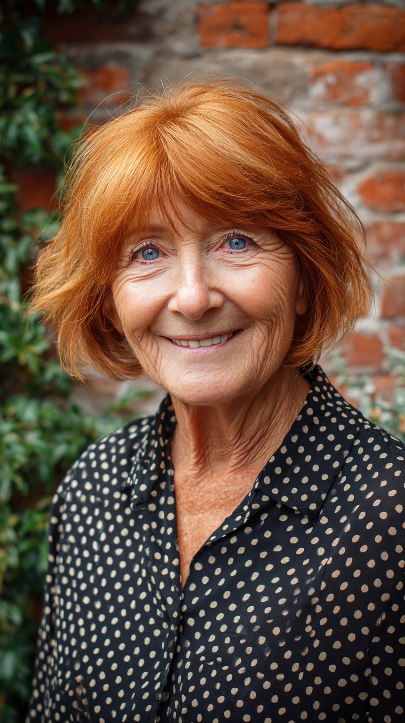 Textured Copper Jaw-Length Bob with Airy Curtain Bangs