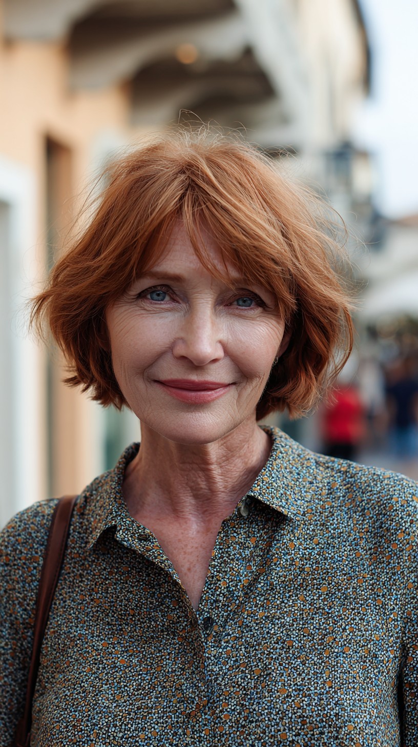 Textured Copper Jaw-Length Bob with Soft Curtain Fringe