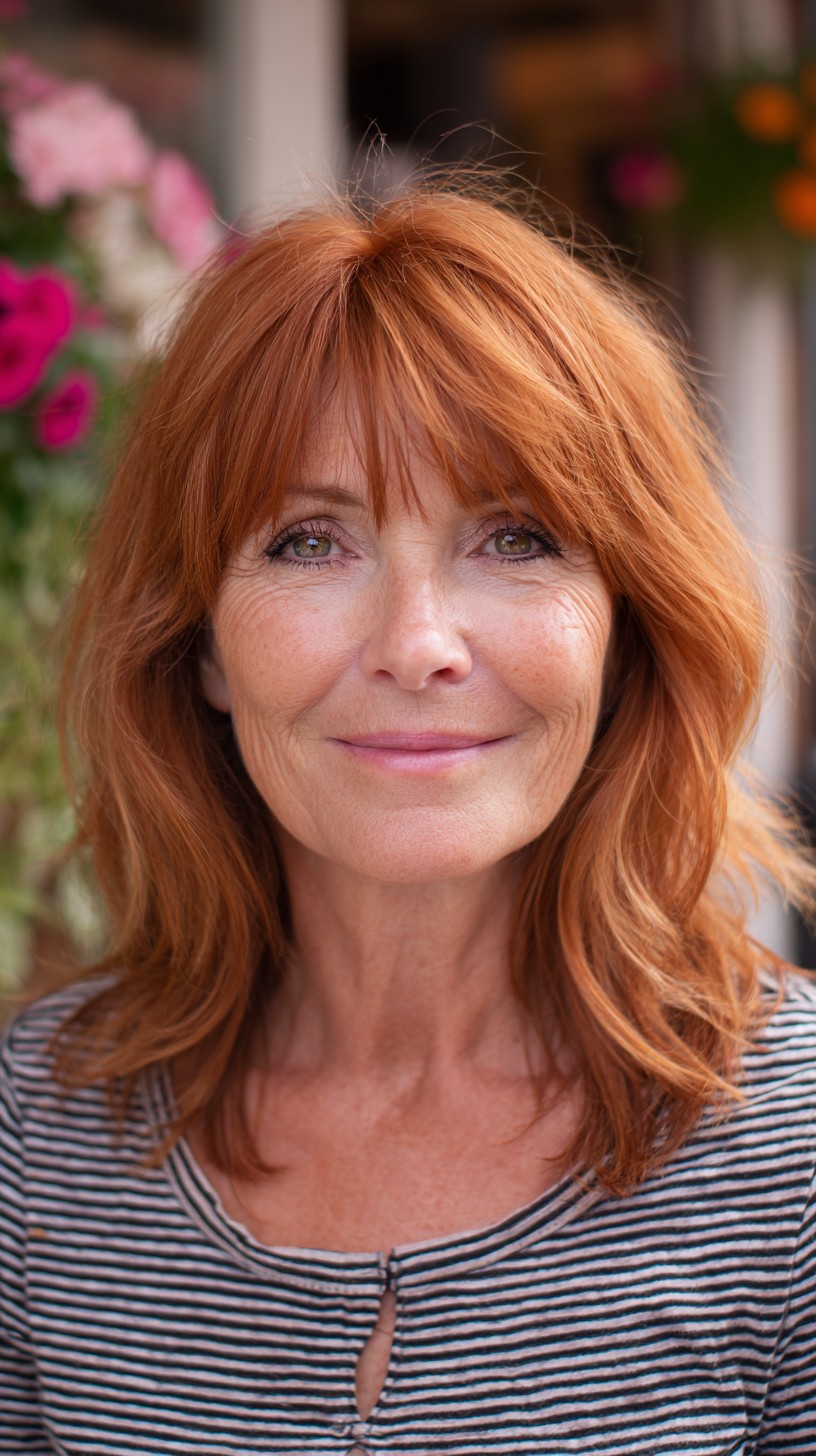Textured Copper Shag with Short Feathered Fringe