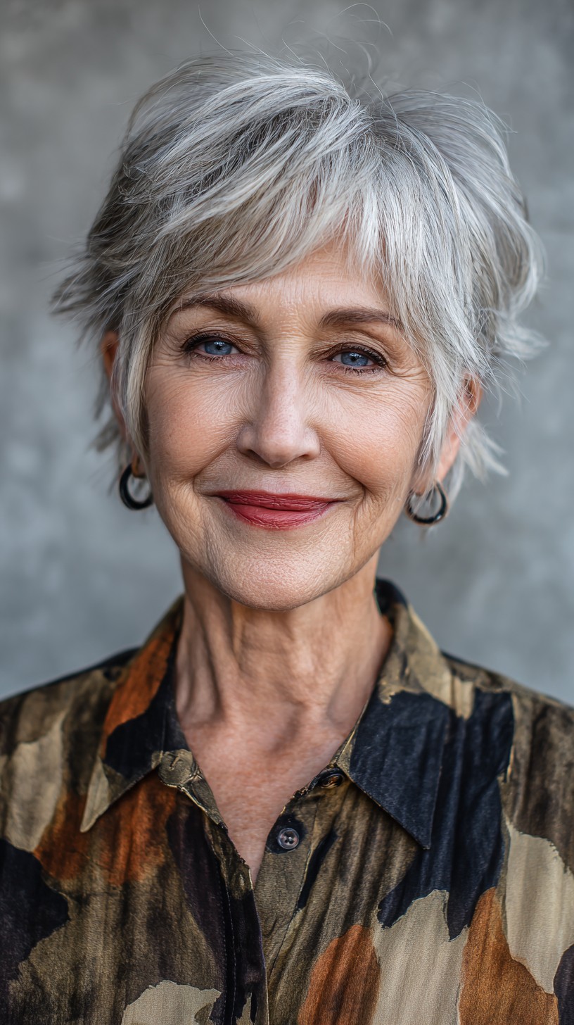 Textured Silver Pixie Shag with Soft Side-Swept Fringe
