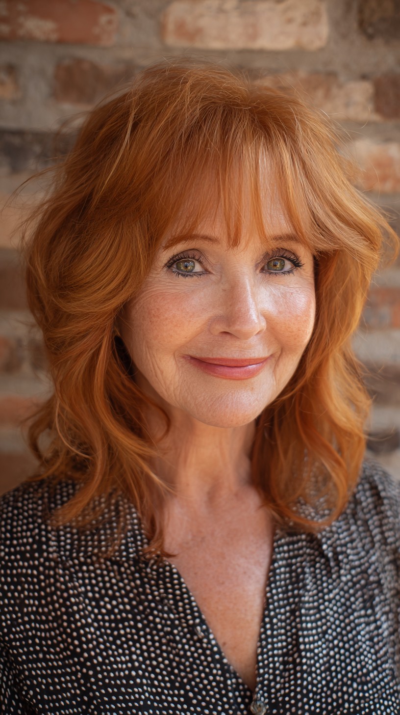 Voluminous Copper Face-Framing Shag with Soft Micro-Bangs