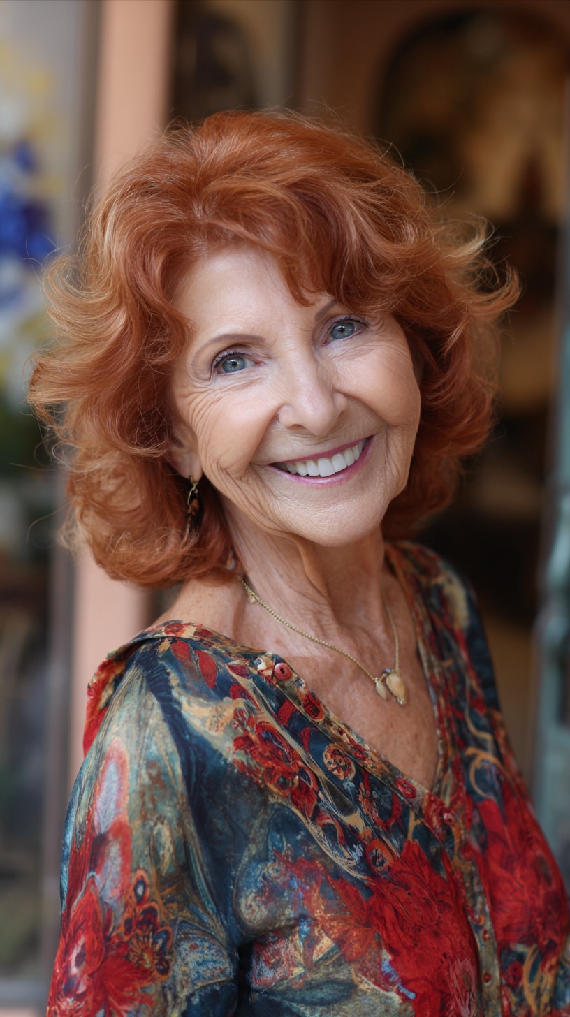 Voluminous Copper Long Bob with Interior Layers and Feathered Fringe