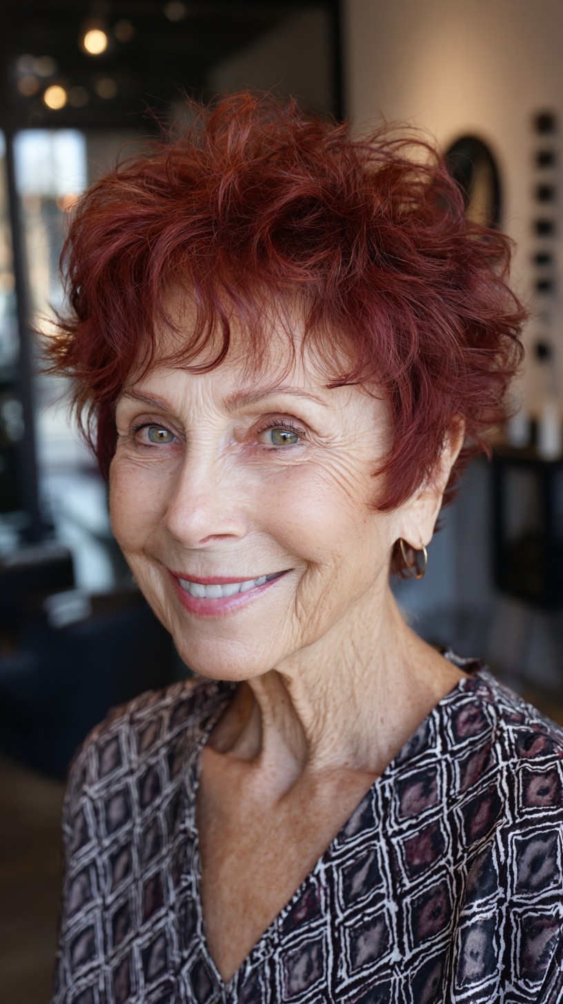 Voluminous Rusty Red Choppy Pixie with Soft Micro-Fringe