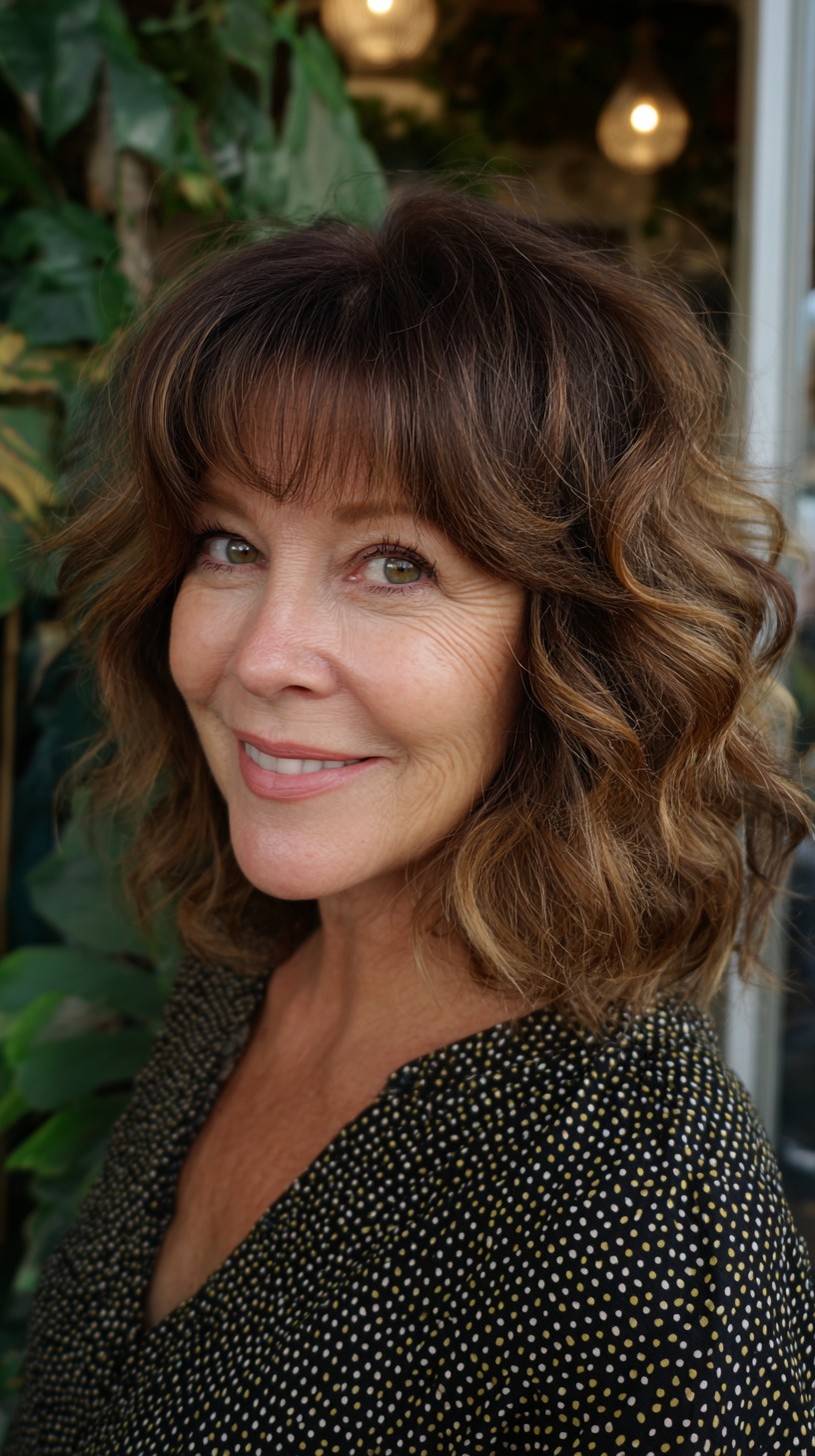 Warm Brunette Shoulder-Length Shag with Wispy Micro-Bangs and Subtle Lowlights