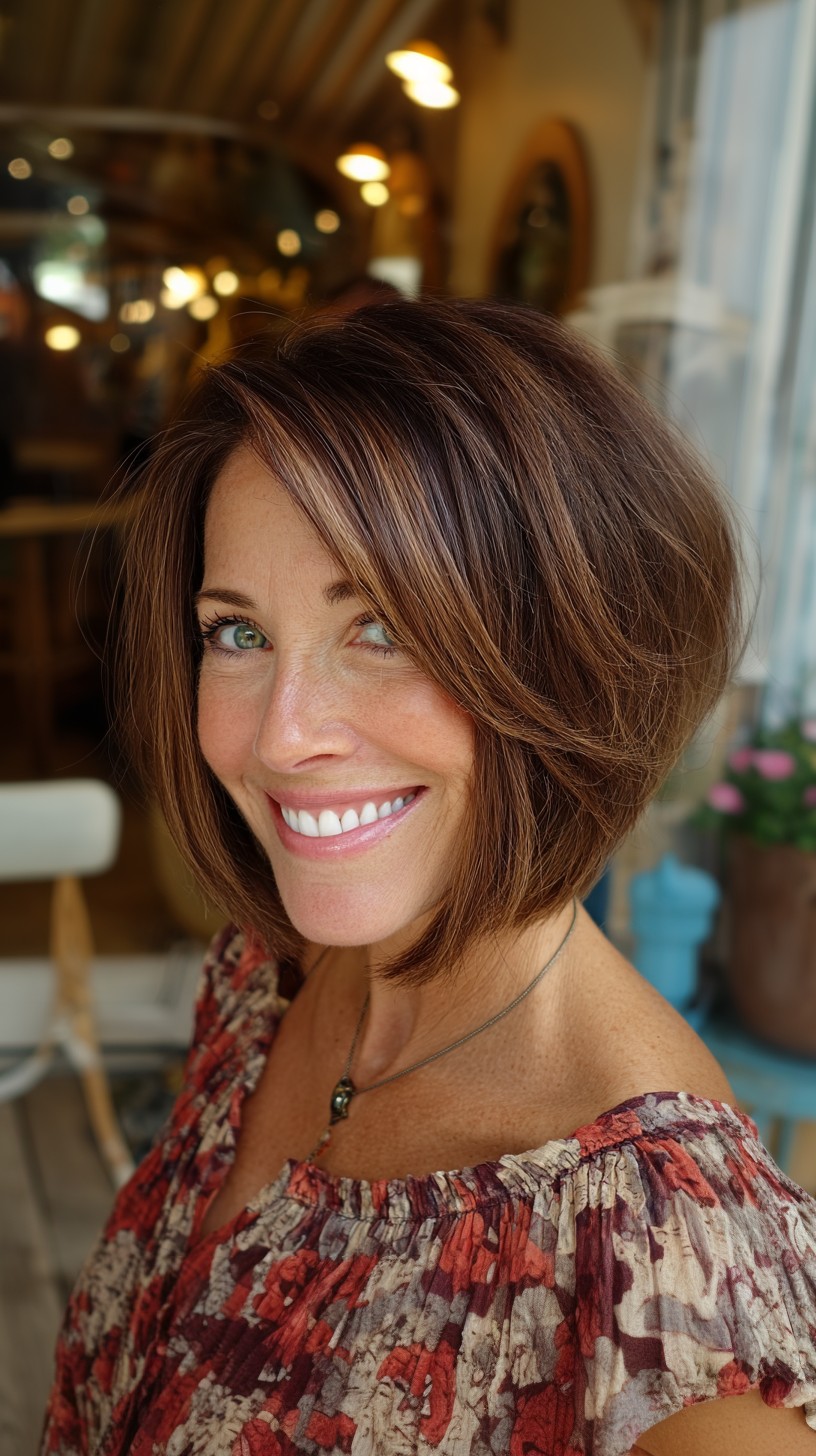 Warm Caramel-Framed Angled Bob with Rounded Stack