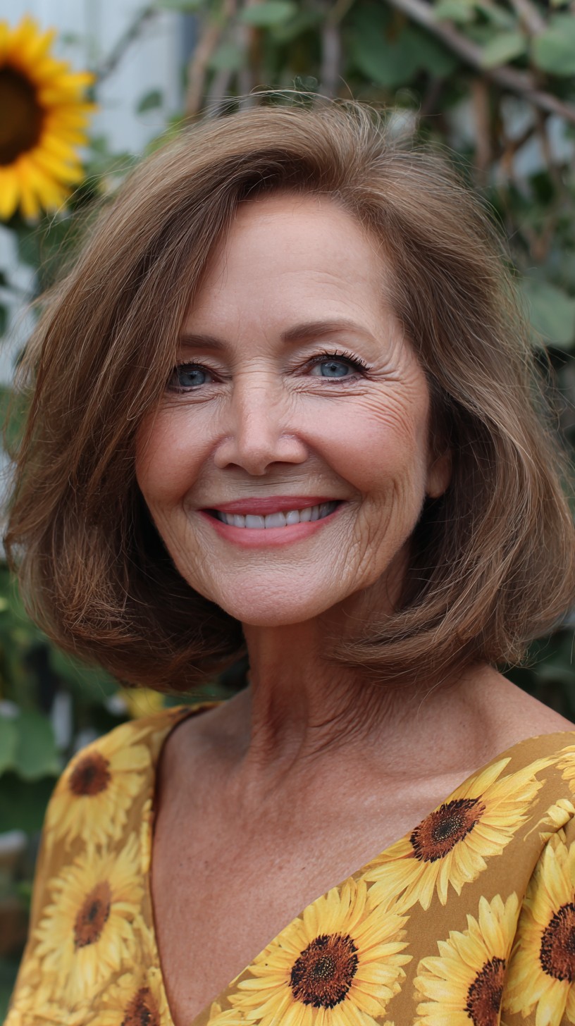 Warm Chestnut Shoulder-Length Lob with Rounded Bevel