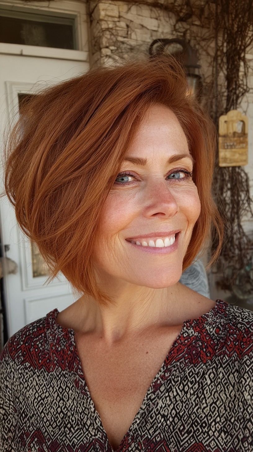 Warm Copper Angled Chin-Length Bob with Feathered Face-Framing