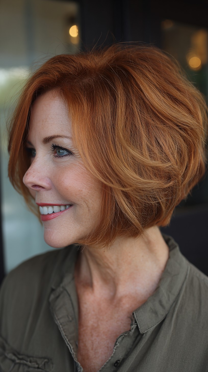 Warm Copper Layered Chin-Length Bob with Lifted Crown