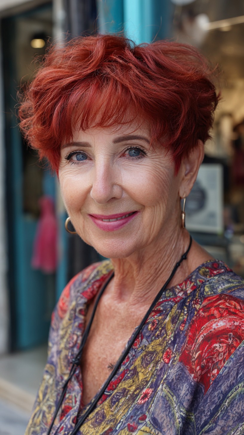 Warm Copper Textured Pixie Shag with Ear-Length Taper and Wispy Fringe