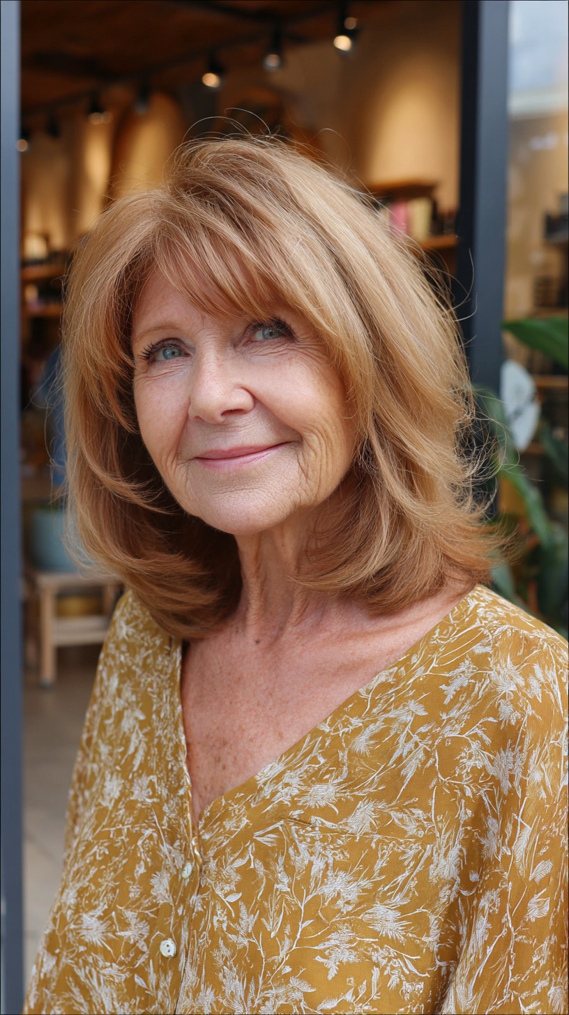 Warm Strawberry-Blonde Shoulder-Grazing Lob with Feathered Interior Bevel