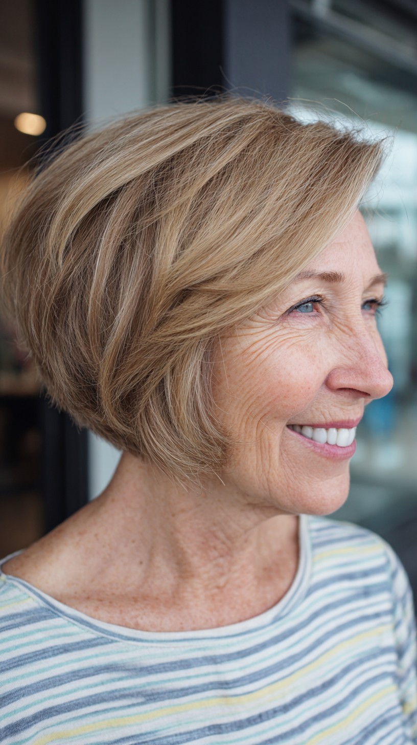 Ash Blonde Angled Graduated Bob with Side-Swept Face-Framing Layers