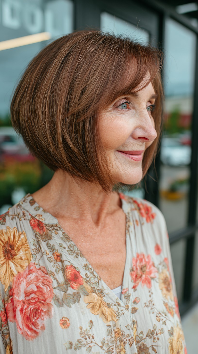 Chestnut Rounded Chin-Length Bob with Soft Face-Framing Fringe