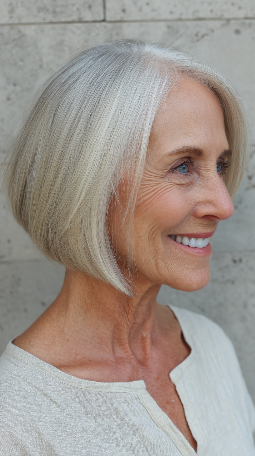 Cool Silver Angled Chin-Length Bob with Soft Face-Framing Layers