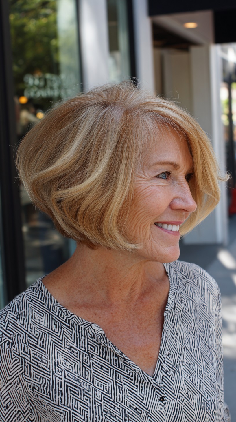 Golden Layered Graduated Bob with Side-Swept Fringe