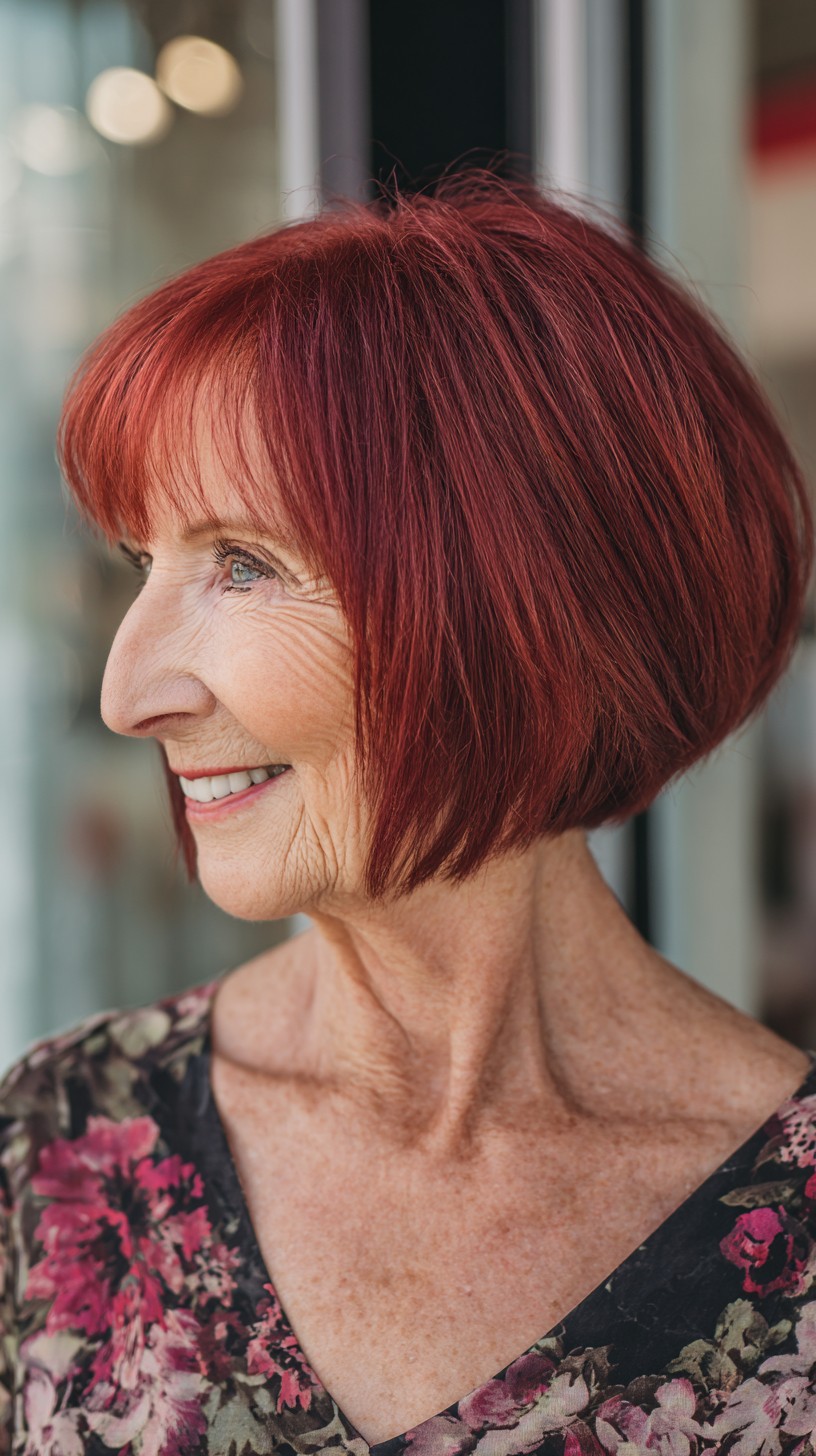 Rich Red Angled Stacked Bob with Wispy Fringe