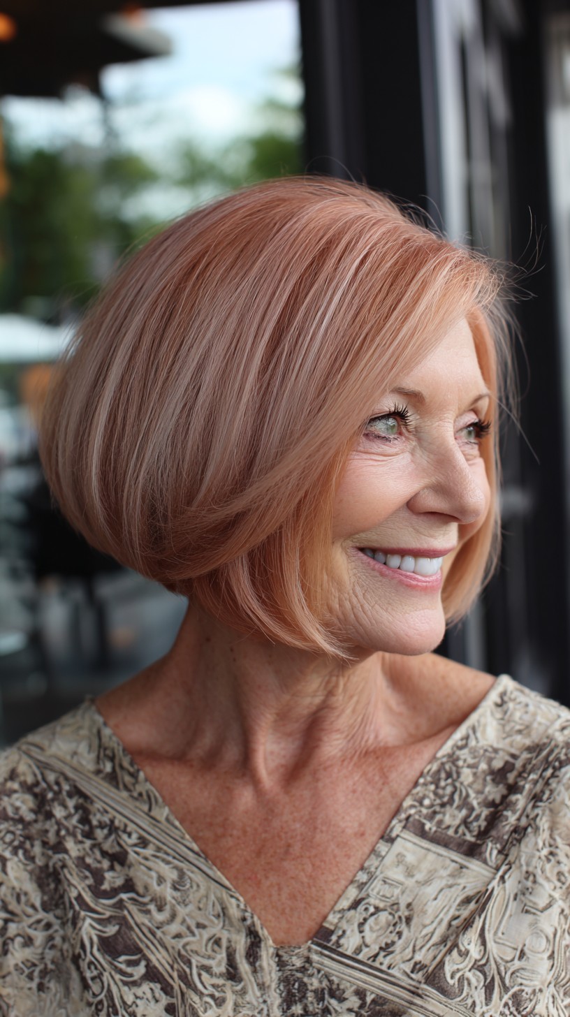 Rose-Gold Angled Slope Bob with Soft Face-Framing Layers