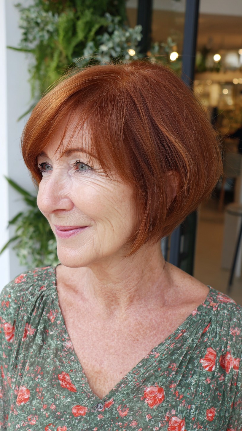 Soft Copper Angled Chin-Length Bob with Delicate Side-Swept Micro-Fringe