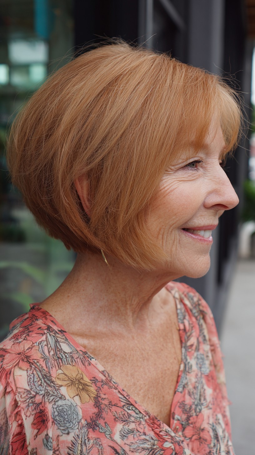 Strawberry-Blonde A-Line Stacked Bob with Soft Feathered Fringe