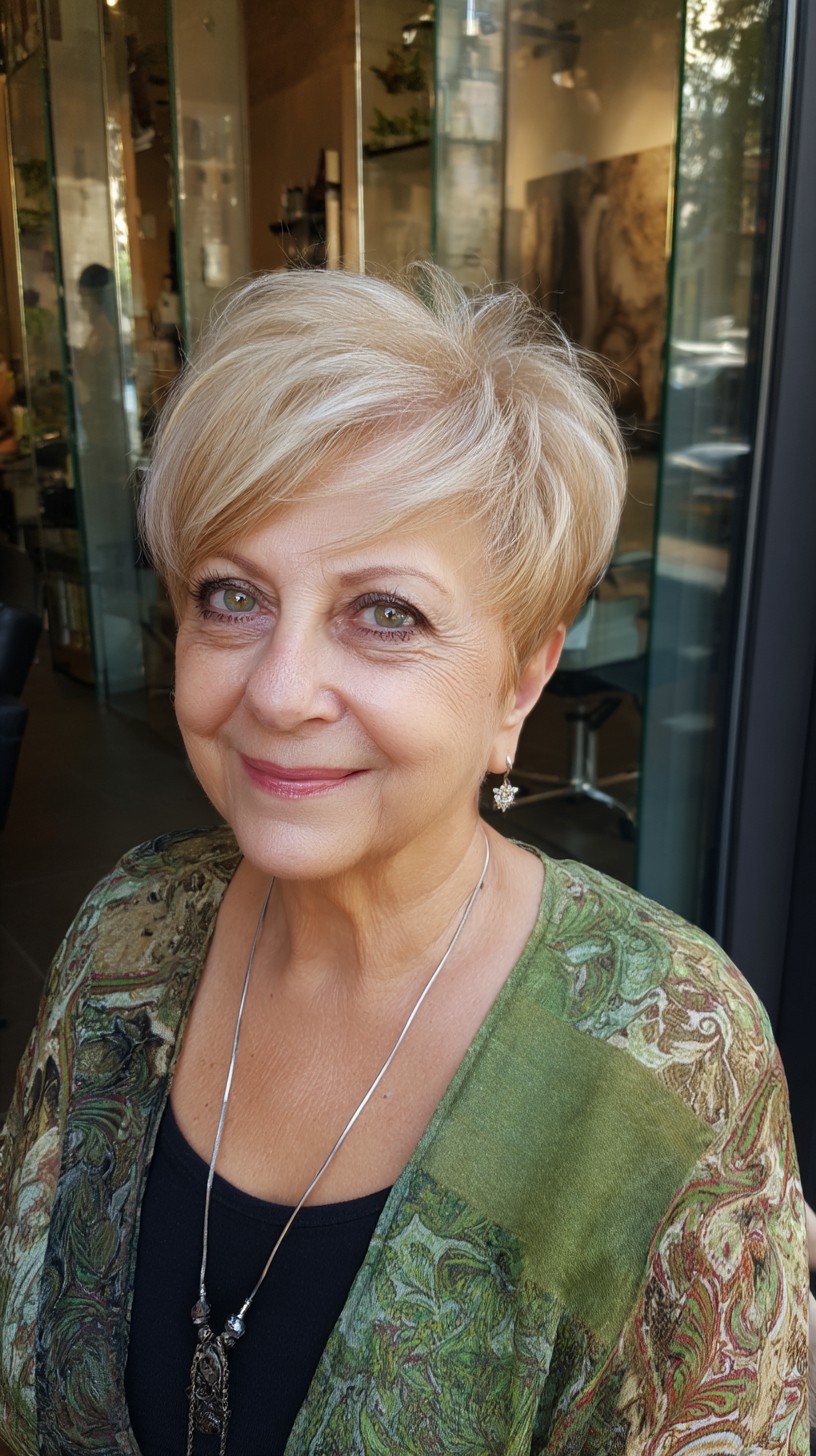 Soft Feathered Pixie with Tapered Nape and Side-Swept Fringe