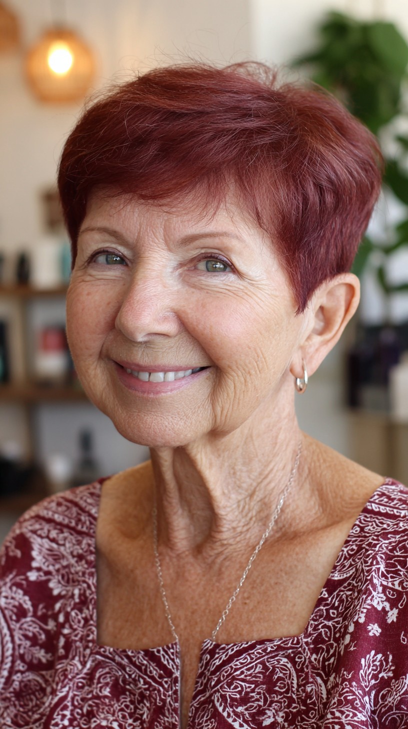 Warm Red-Tinted Very Short Pixie with Tapered Nape