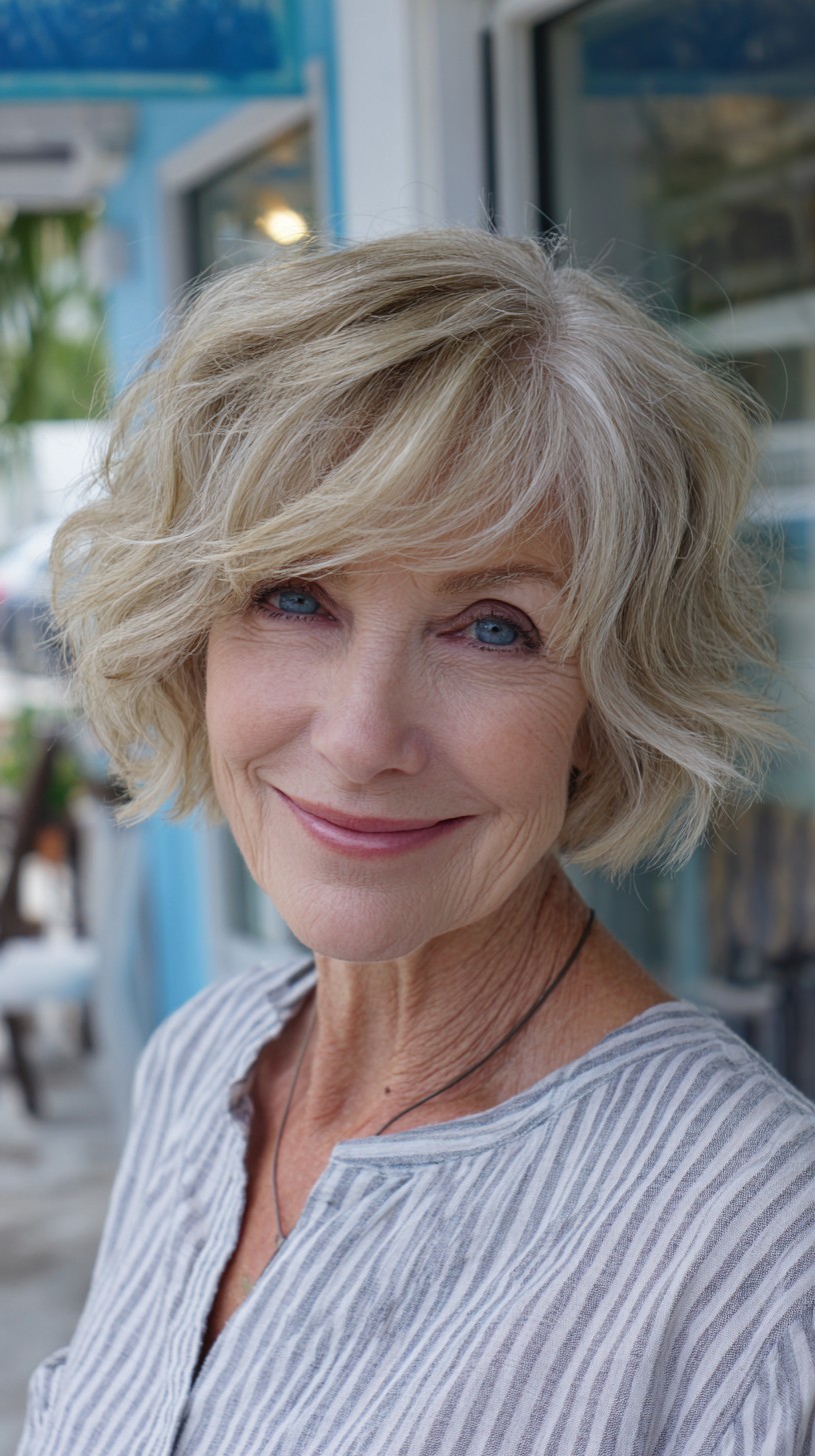 Ash-Blonde Wavy Chin-Length Bob with Side-Swept Fringe