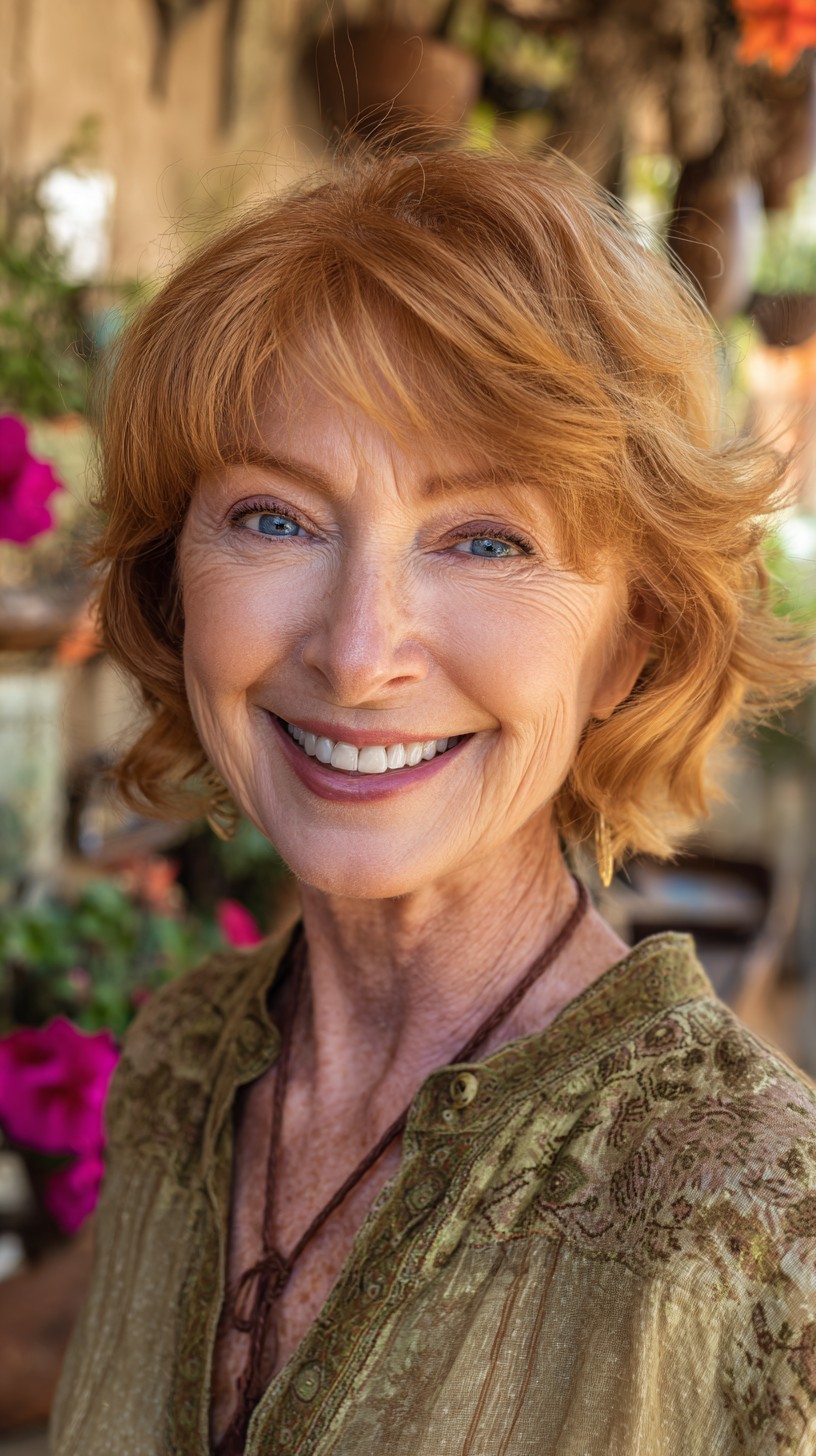Copper Ripple Bob with Feathered Crown Pivot and Soft Face-Framing Fringe