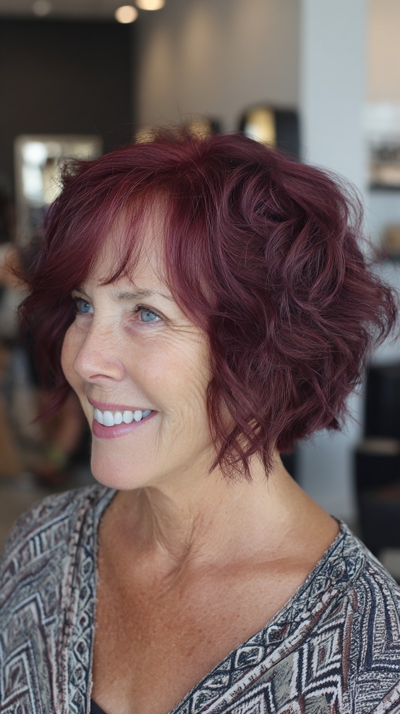 Deep Burgundy Textured Ripple Bob with Feathered Fringe