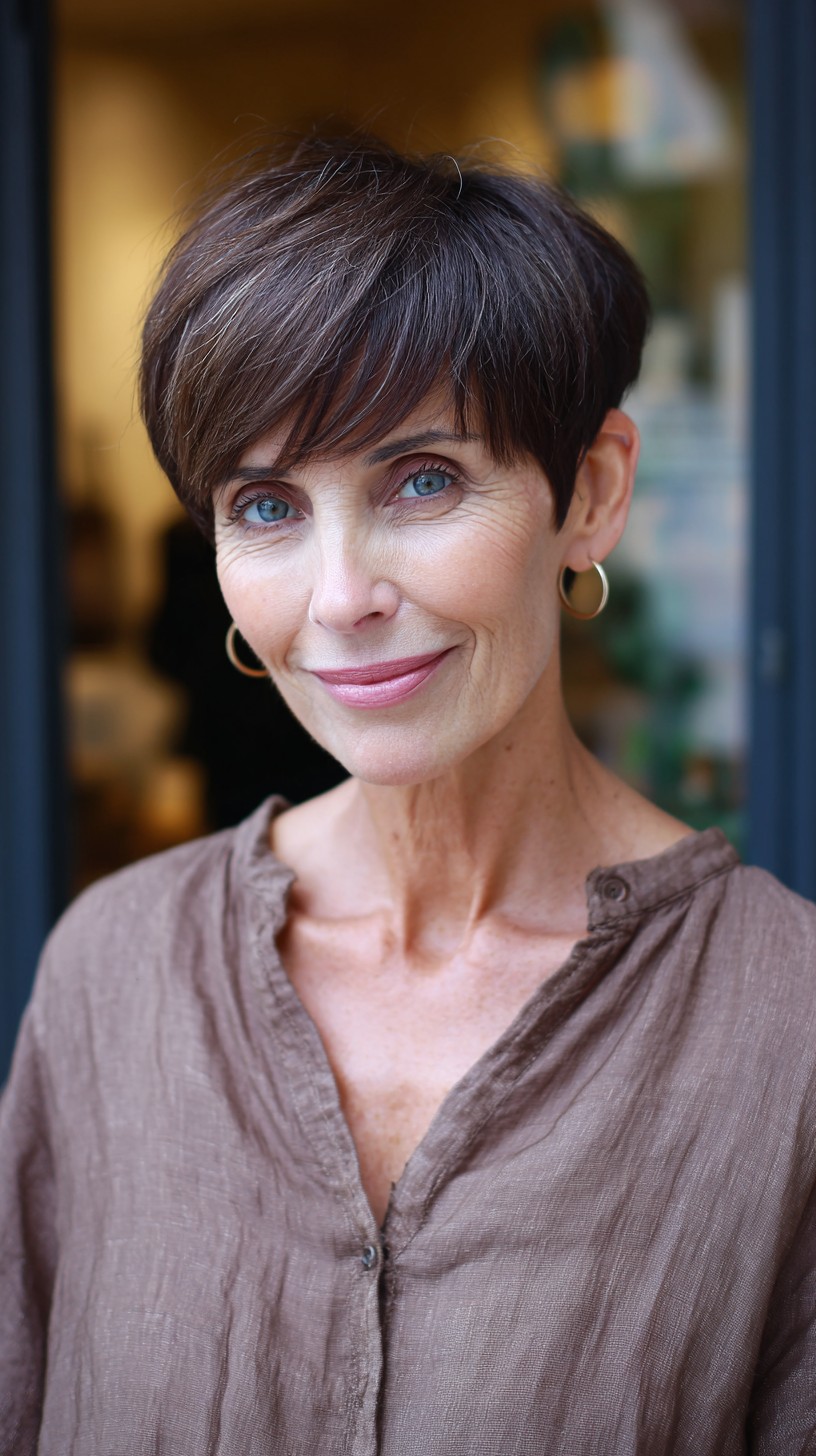 Chestnut Crown-Sculpted Pixie with Diagonal Fringe