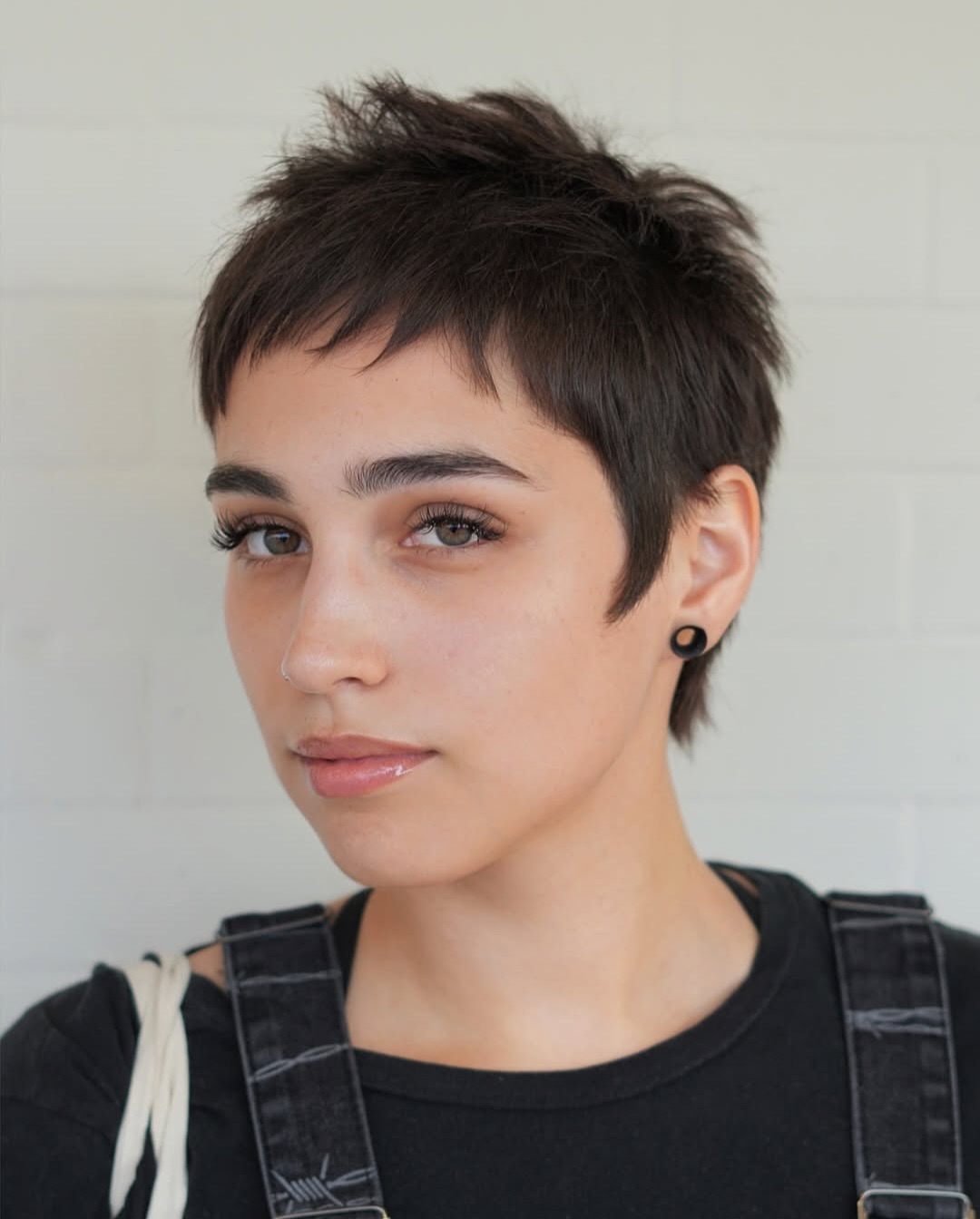 Choppy Dark Brown Micro Pixie with Tapered Nape and Cropped Baby Bangs
