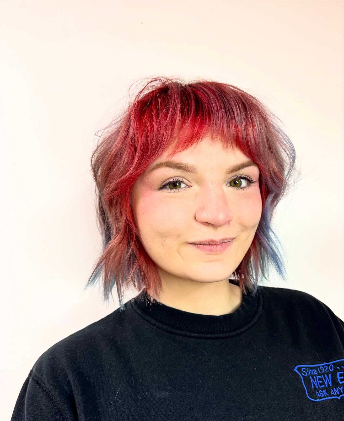 Choppy Red Textured Bob with Blue Peekaboo Ends