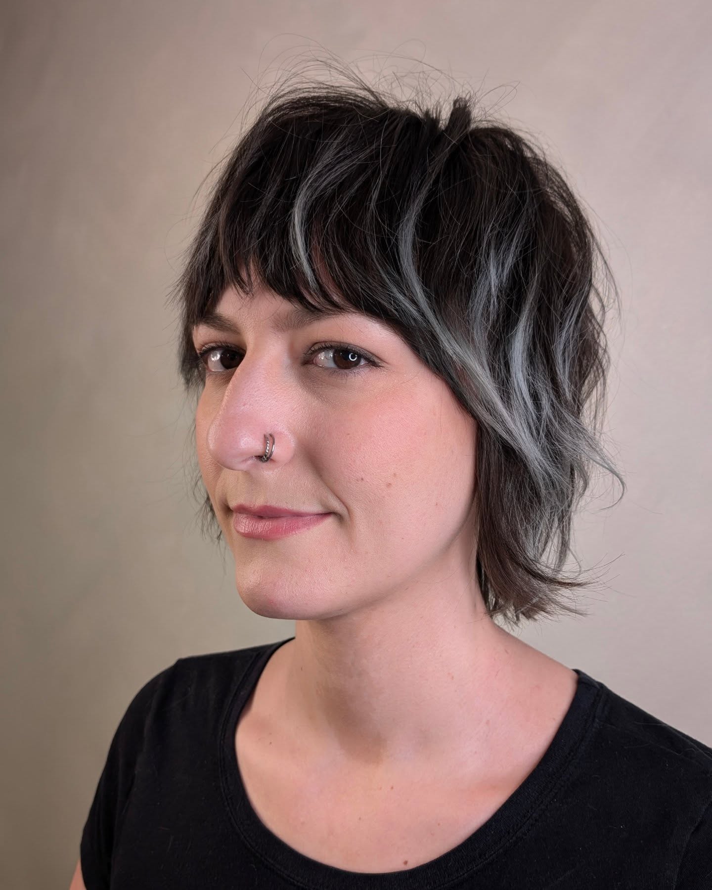 Choppy Textured Shag Bob with Silver Face-Framing Panels