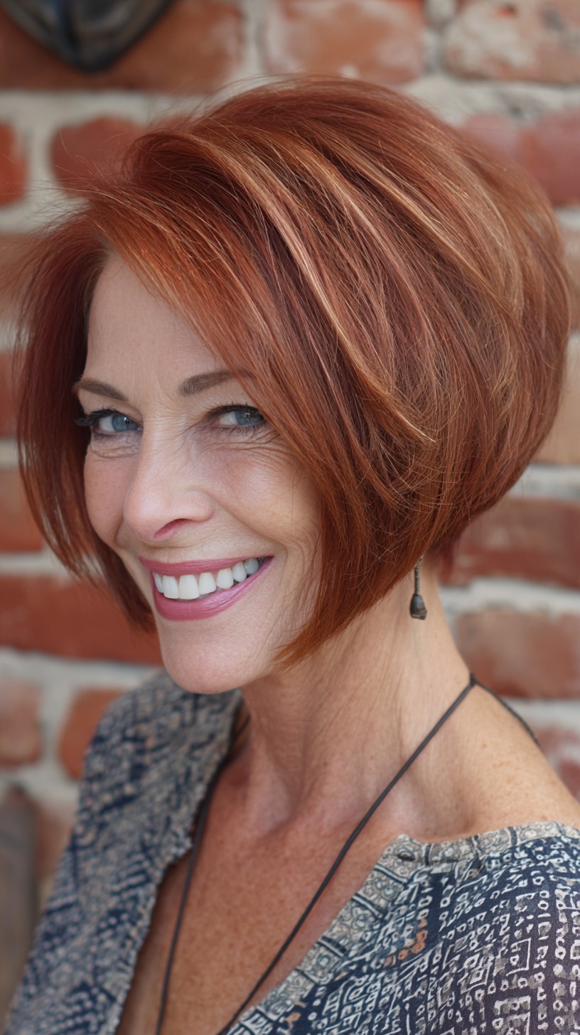 Copper Stacked A-Line Bob with Side-Swept Fringe