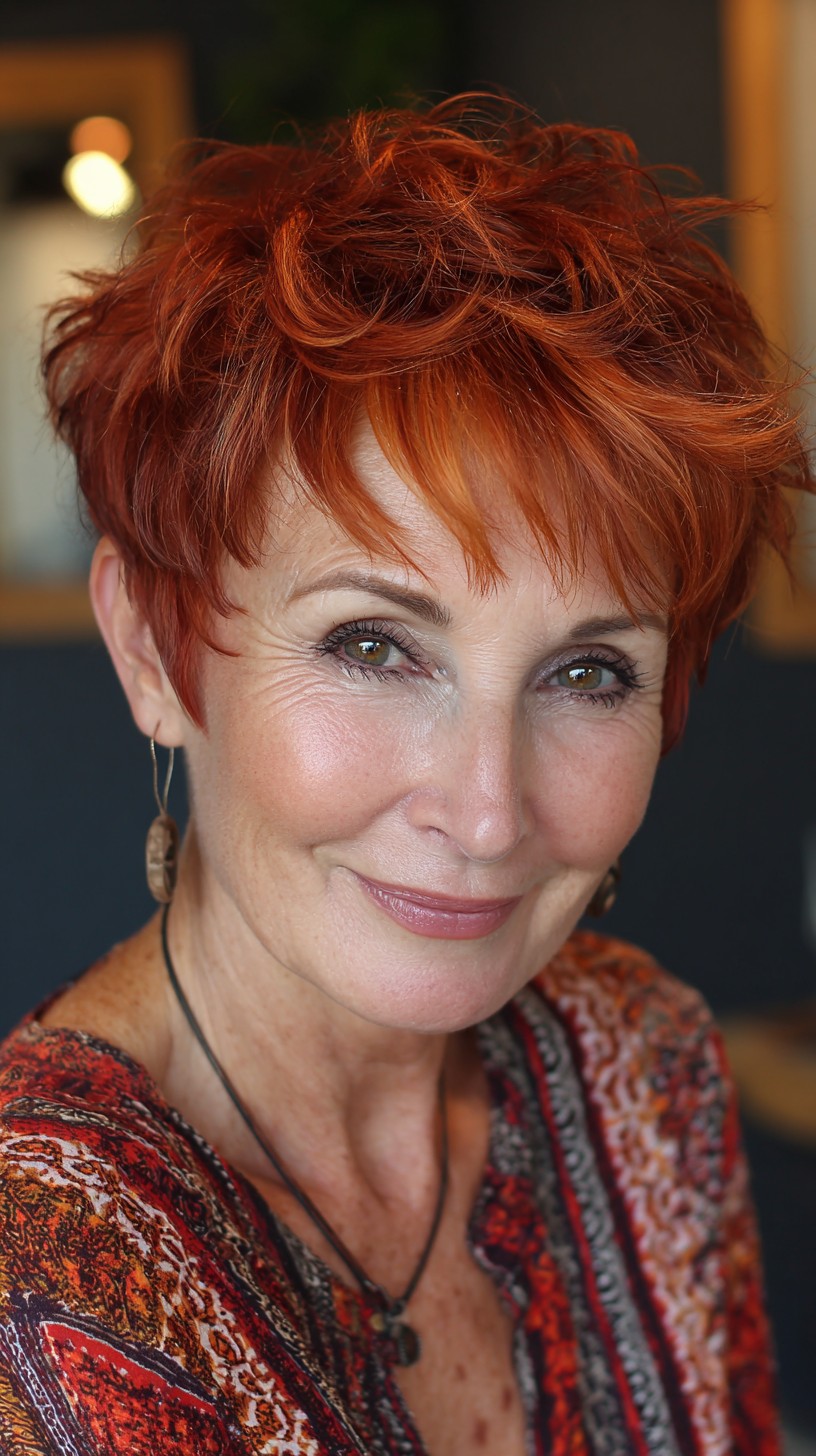 Copper Textured Pixie with Choppy Crown and Wispy Micro-Fringe